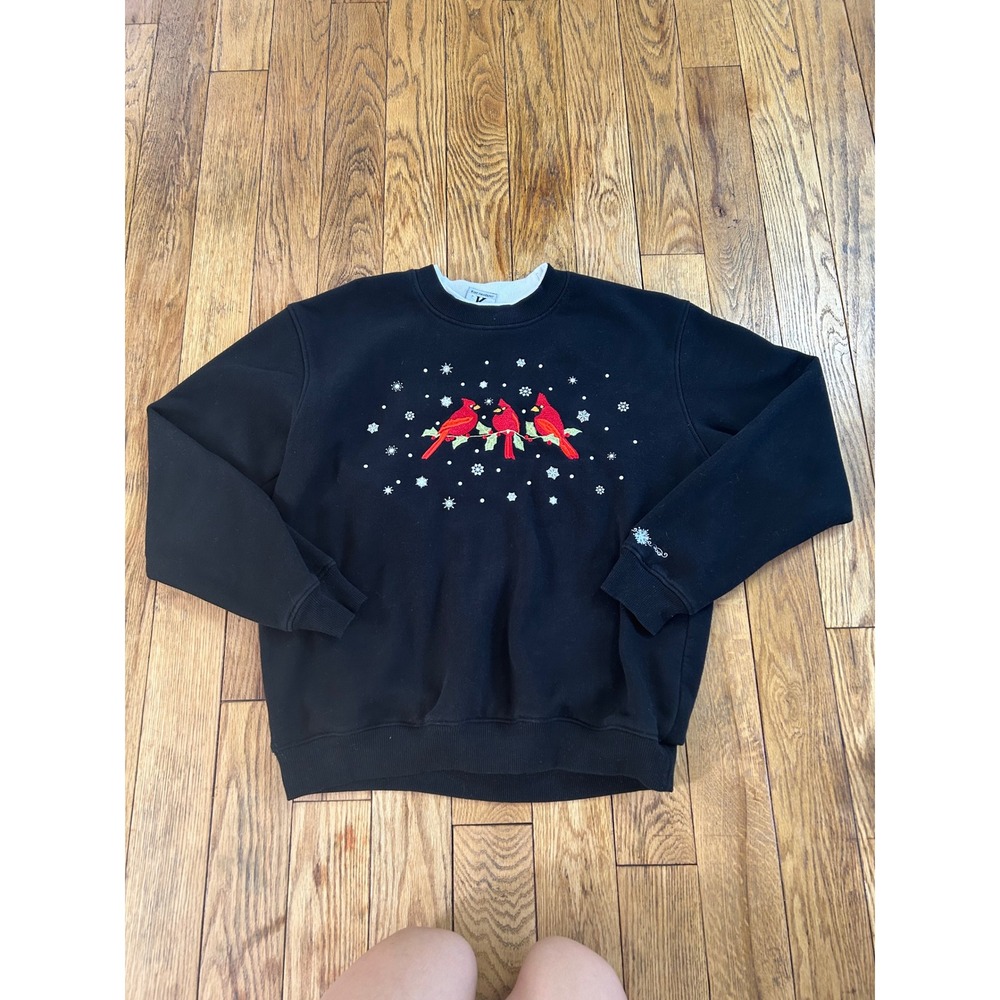 Vintage Grandmacore Black Cardinal Winter Snowflake Embroidered Sweatshirt M